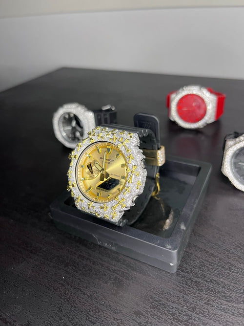 Gold Rush – 1 of 1 iced out G-Shock GA-2100 with gold dial and gold cross accents